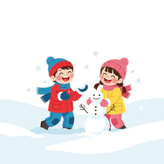 Naklejka premium Happy Children Building Snowman in Winter Snowfall