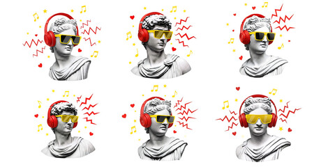 Pop art marble bust wearing red headphones and yellow sunglasses looking to side with musical notes hearts and sound waves on transparent background vibrant retro style