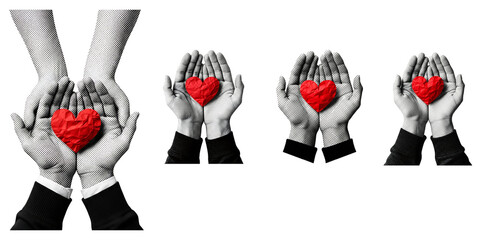 Halftone pop art close up hands cupped holding crumpled red paper heart multiple compositions isolated on transparent background high contrast black and white minimal portrait