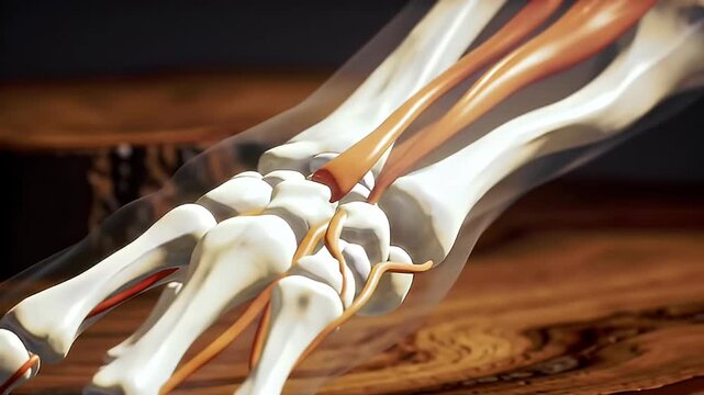 Detailed anatomical illustration of a human hand and forearm showcasing bone structure and muscle attachments against a dark wooden background