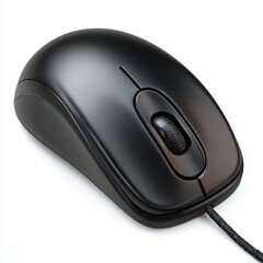 A sleek and modern black computer mouse with a textured surface and a wired connection. isolated on white background