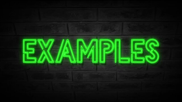 Neon Examples text animation with glowing light effect and smooth looping motion. Realistic flicker neon typography on a dark background, creating a vibrant and modern visual style. High-quality 4K 
