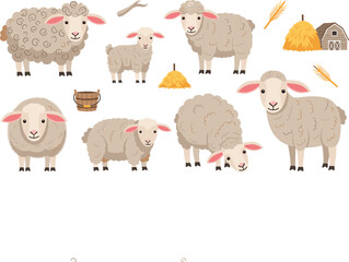 Cute Cartoon Sheep and Lamb Vector Set with Barn Haystack and Farm Elements for Childrens Books Nursery Decor and Country Life Themed Graphic Designs © Fahim
