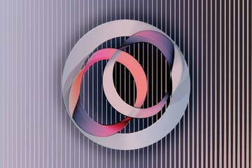 Fototapeta premium Abstract 3D logo with intertwined pink and purple circles, letter Q integrated, minimalistic design on gray striped background