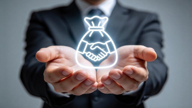 Investment partnership and funding agreement concept,hand holding money bag with handshake icon,financial support,venture capital and business collaboration symbolism