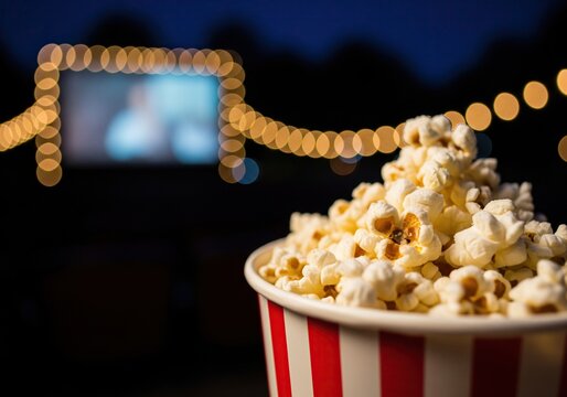 Close up of a bucket of popcorn in front of a drive-in movie screen at night with bokeh lights
