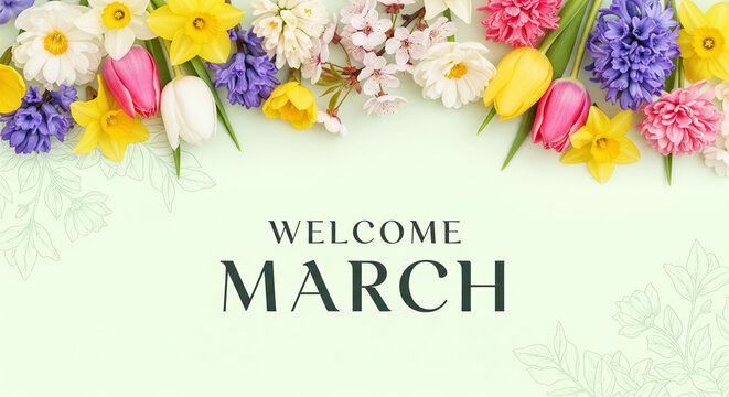 Welcome March floral banner with spring flowers and pastel background for seasonal greeting cards