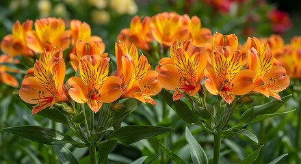 Fototapeta premium Bright orange flowers with dark stripes bloom vibrantly in a garden.