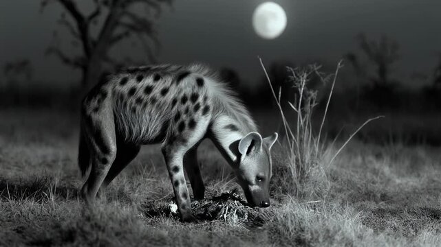 Spotted hyena foraging at night under full moon in black and white safari landscape