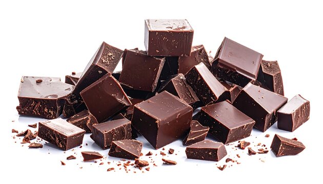 A pile of irregularly shaped, dark-brown chocolate chunks. Some are whole, others broken with visible texture, set against a white background