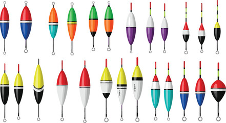 Fishing Float and Bobber Vector Icon Set with Colorful Buoy Indicators for Angling, Tackle, Freshwater, and Sea Fishing Equipment Designs © MdMunzurul