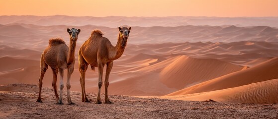 Two camels standing on a desert landscape during a golden sunset