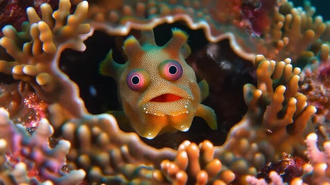 Striking frogfish portrait amidst vibrant coral reef marine ecosystem beauty undersea exotic wildlife wonder