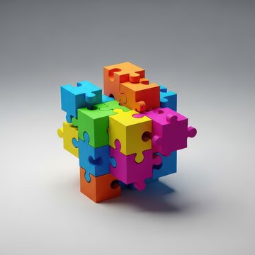 Diverse, colorful puzzle components interlock perfectly, representing a finalized solution, successful strategy, and complete complex system design, component, planning, abstract