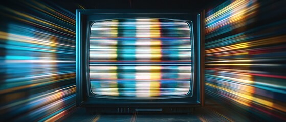 Retro television screen with glitch effect and colorful light streaks