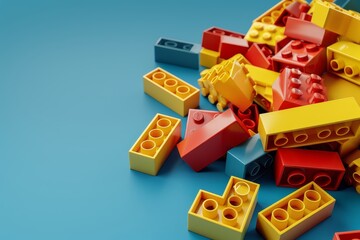 Fototapeta premium Pile of red and yellow LEGO blocks on blue background with copy space, simple 3D composition, high-resolution render