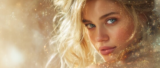 Woman with blond hair looking towards camera face detail soft lighting studio portrait