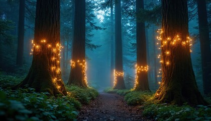 Obraz premium Magical fairy lights adorn tall trees lining a forest path. Soft moonlight illuminates mist creating an enchanted atmosphere. Nighttime nature scene glows with warmth and wonder.