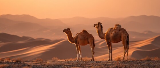 Two camels standing on a desert landscape during sunset