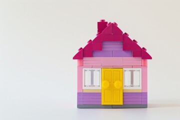 Fototapeta premium Simple pink and purple LEGO house with yellow door on white background, professional photography with space for text
