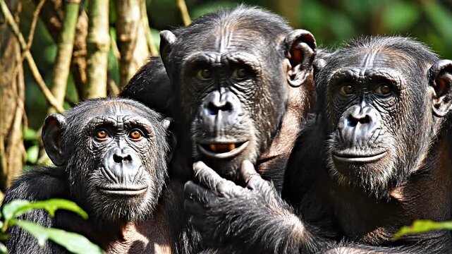 Three Chimpanzees in Forest Setting Facial Expressions.