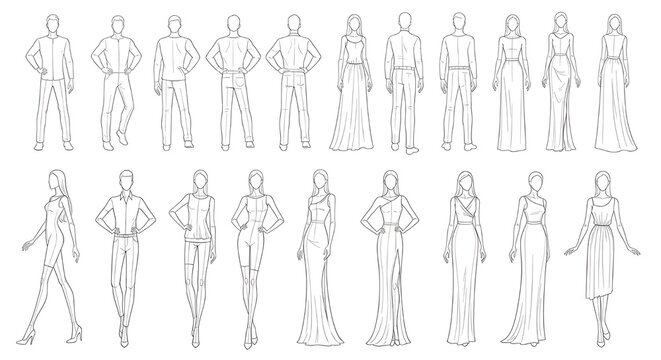 Fashion model outline drawing collection. Includes 10 male and 10 female figures in various poses and clothing styles. Created in a minimalist line art style with a monochrome palette.
