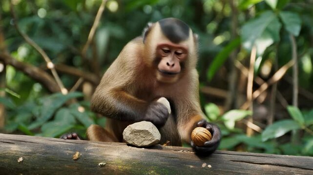 Stump tailed macaque cracking a nut with stone tool in tropical rainforest habitat engaging in foraging behavior