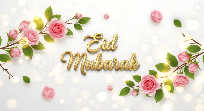 Eid Mubarak Greeting Card with Pink Roses and Gold Text