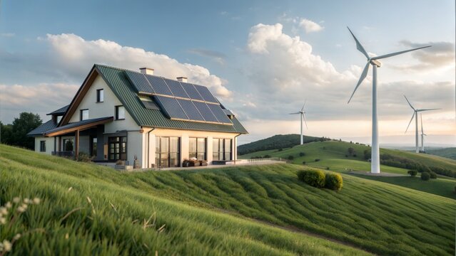 Modern Sustainable House with Solar Panels and Wind Turbines on Green Hill &ndash; Eco-Friendly Energy Lifestyle Concept, Cinematic 8K Architecture Photography