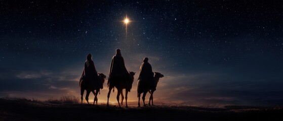 Three figures on camels follow a bright star in a dark night scene