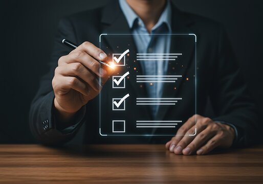 Professional signing off on a checklist with a digital interface overlay