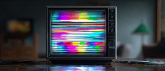 Vintage television set displaying colorful interference static on screen