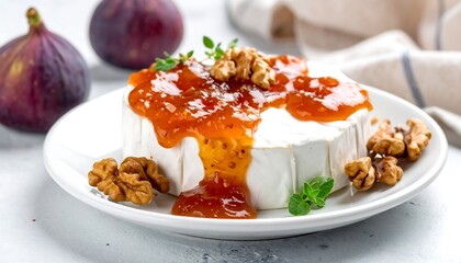 Brie cheese with apricot jam, walnuts and figs on a white plate against a grey background