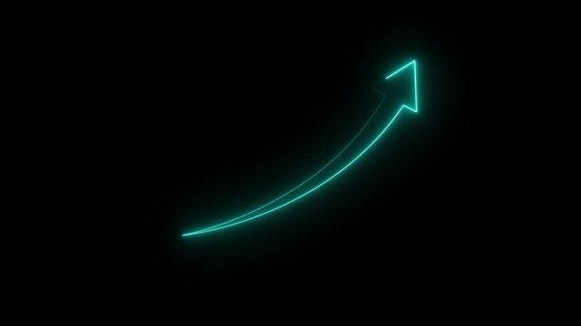 Abstract glowing neon swipe arrow. 4k animation. Down to up neon line arrow direction animation. Neon line raising business arrow on black background.Abstract arrow business graph icon animation.