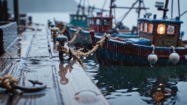 miniature harbor dock scene during steady coastal rainfall, extreme macro close-up of tiny wooden fishing boats tied to a small pier
