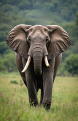 Fototapeta premium Large male African elephant walks forward on grassy savanna in Kenya. This massive mammal has big ears and tusks. Wildlife in its natural habitat.