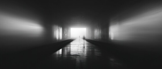 Tunnel perspective with bright light at the end abstract monochrome