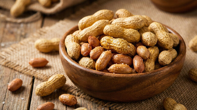 木のボウルに入ったロースト塩ピーナッツ、素朴な背景