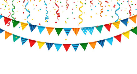 Festive Banner with Colorful Triangle Flags Confetti and Streamers Against Transparent Backdrop