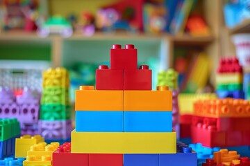 Fototapeta premium Close-up of colorful LEGO blocks arranged as pyramid in children's playroom, creative learning and building concept