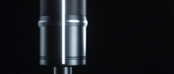 Professional microphone illuminated on black backdrop for audio recording and studio use