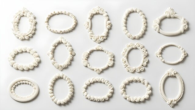 Fifteen decorative white icing frames in various oval and rectangular shapes, with intricate piped details and a matte finish, isolated on a white background.