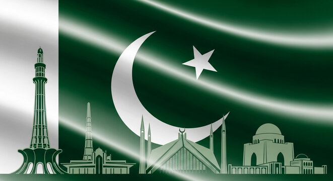 Pakistan National Flag Background with Minar-e-Pakistan Faisal Mosque and Mazar-e-Quaid Icons