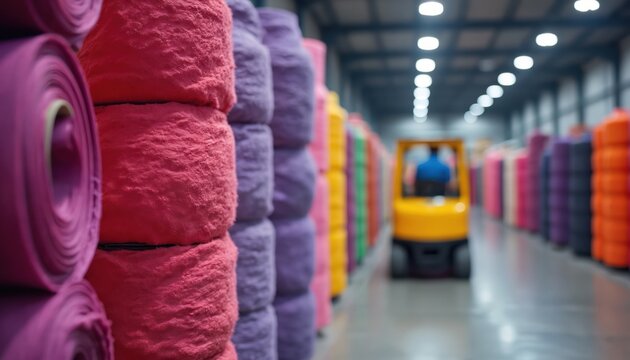 Stacked rolls of colorful textiles fill a large warehouse. A worker operates a yellow forklift in the background among aisles of fabric. Industry supplies raw materials for fashion and craft.