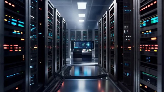 Modern data center with rows of server racks and blinking lights