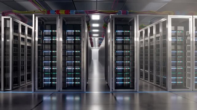 Modern AI Server Facility with Soft Volumetric Lighting and Corporate Aesthetic, 4K
