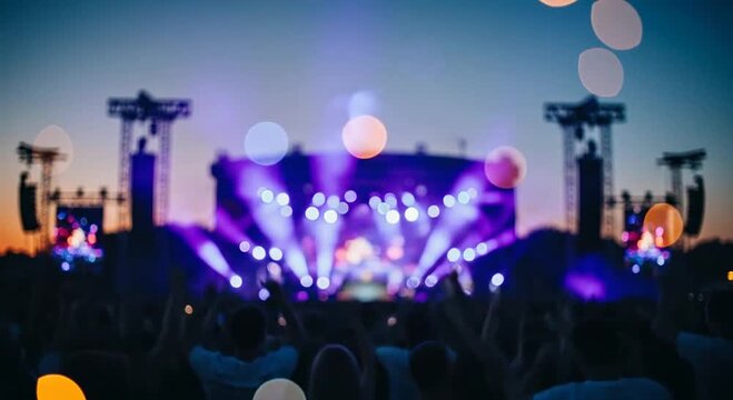 Energetic crowd silhouette at outdoor music festival with vibrant stage lights, bokeh