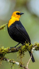 Fototapeta premium Bird with bright yellow head/chest, black body, perched on mossy branch against a soft, blurred green background