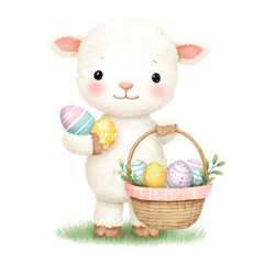 Cute watercolor lamb with a basket of decorated Easter eggs, isolated PNG on transparent background, painted in soft pastel tones, perfect for Easter designs, greeting cards, nursery art, stickers, an