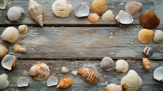 Seashells on weathered wooden surface providing natural background texture